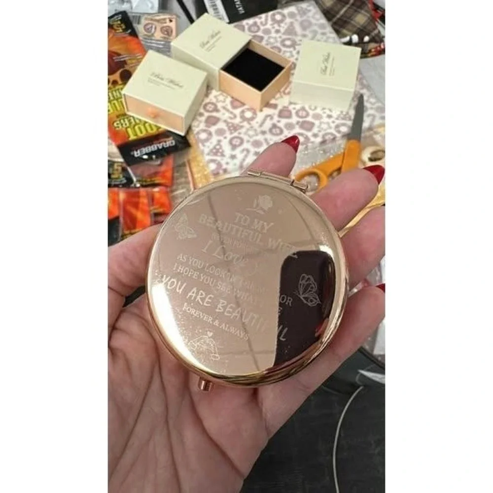 Rose Gold Engraved Compact Mirror To My‎ Beautiful Wife Gift with Box